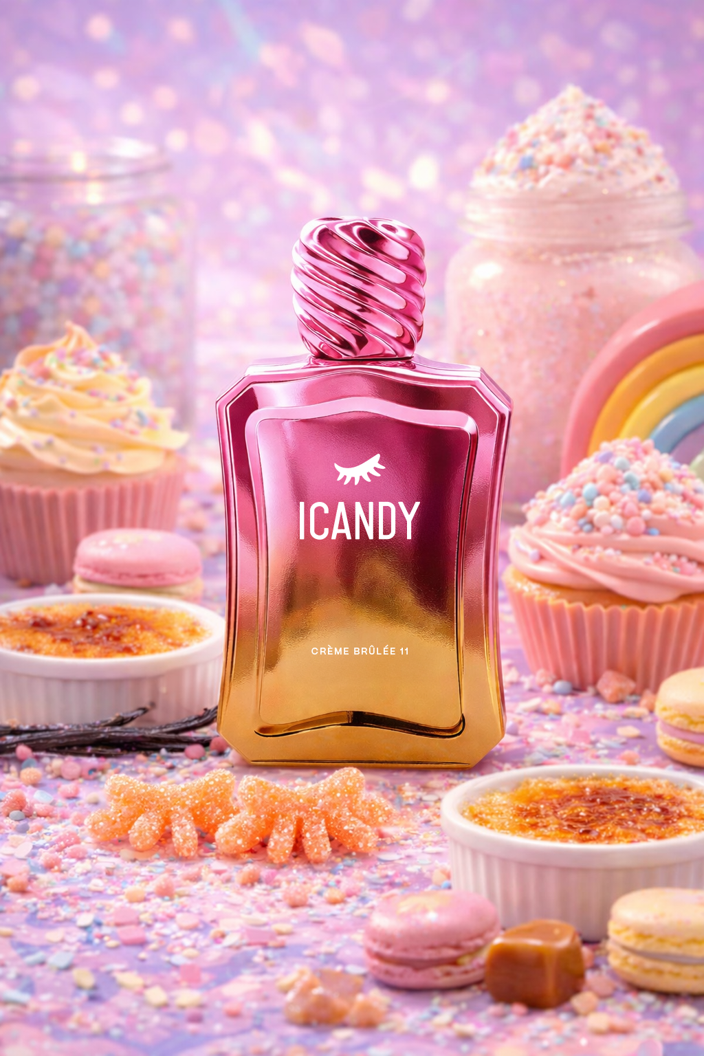 ICANDY Crème Brûlée 11 Eau de Parfum bottle in a pastel dessert scene with sweets and treats