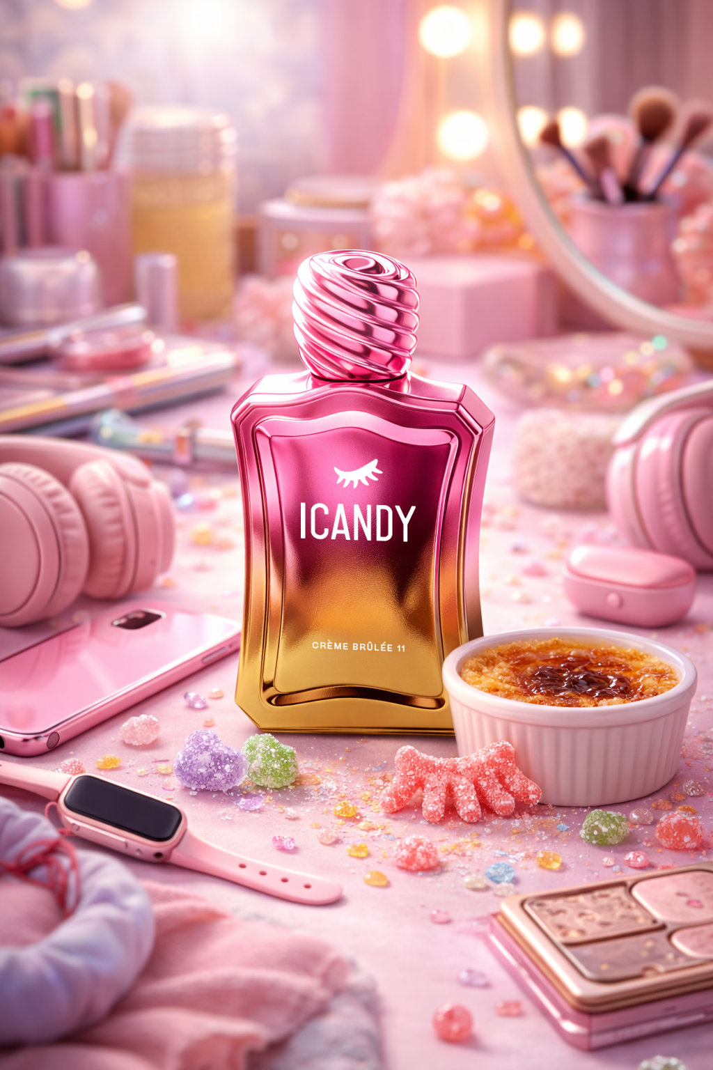 ICANDY Crème Brûlée 11 Eau de Parfum bottle on a pastel vanity table with make-up and sweets