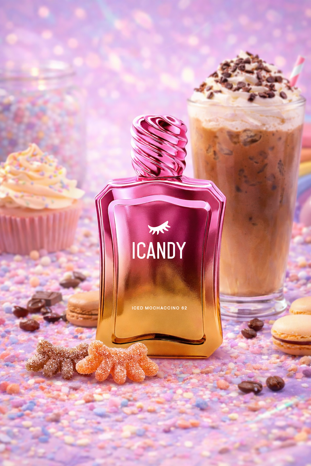 ICANDY Iced Mocaccino 62 Eau de Parfum bottle in a pastel dessert scene with sweets and treats