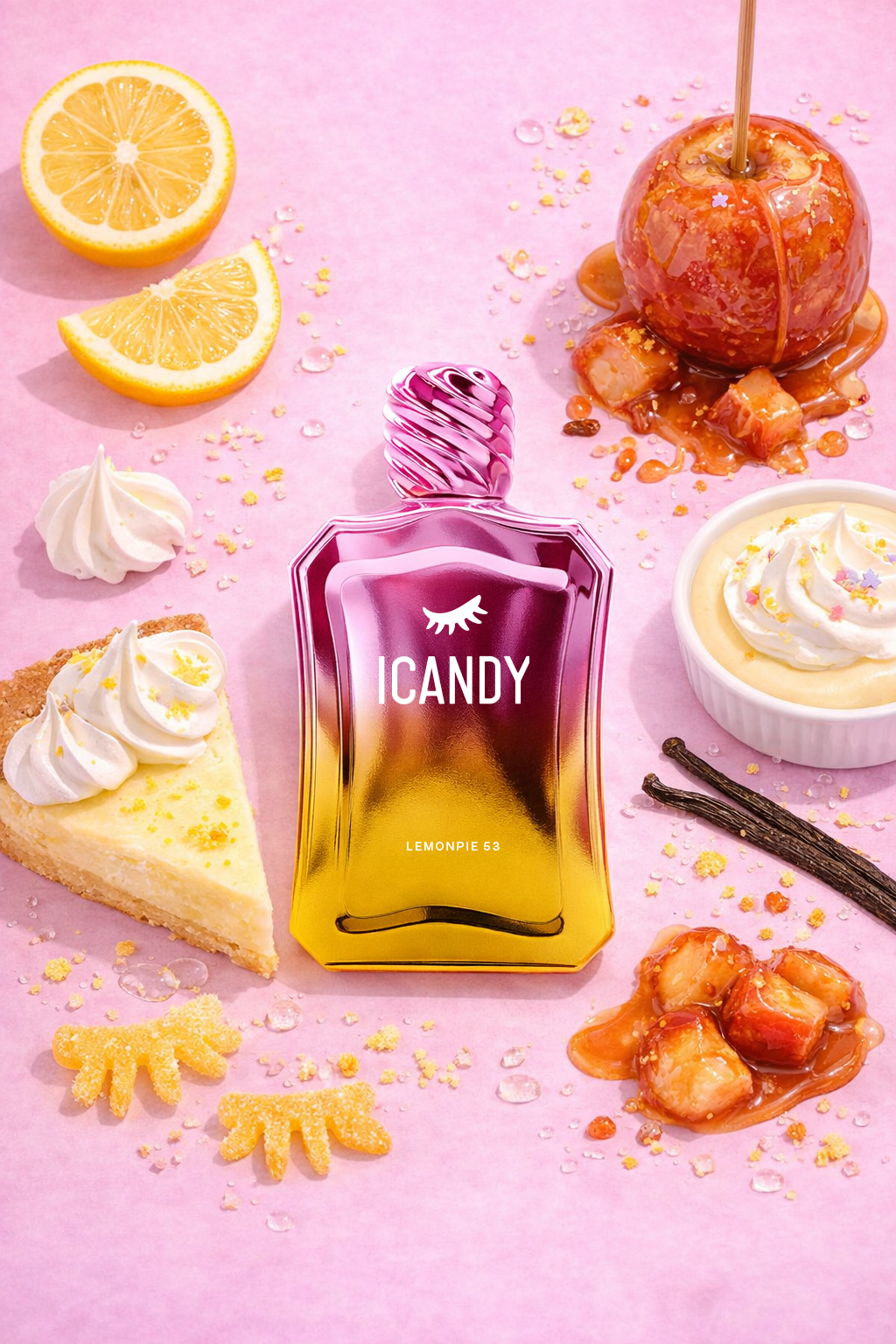 ICANDY Caramelized Lemon Pie 53 Eau de Parfum bottle in a pastel flat lay with ingredients and sweets that inspire the scent