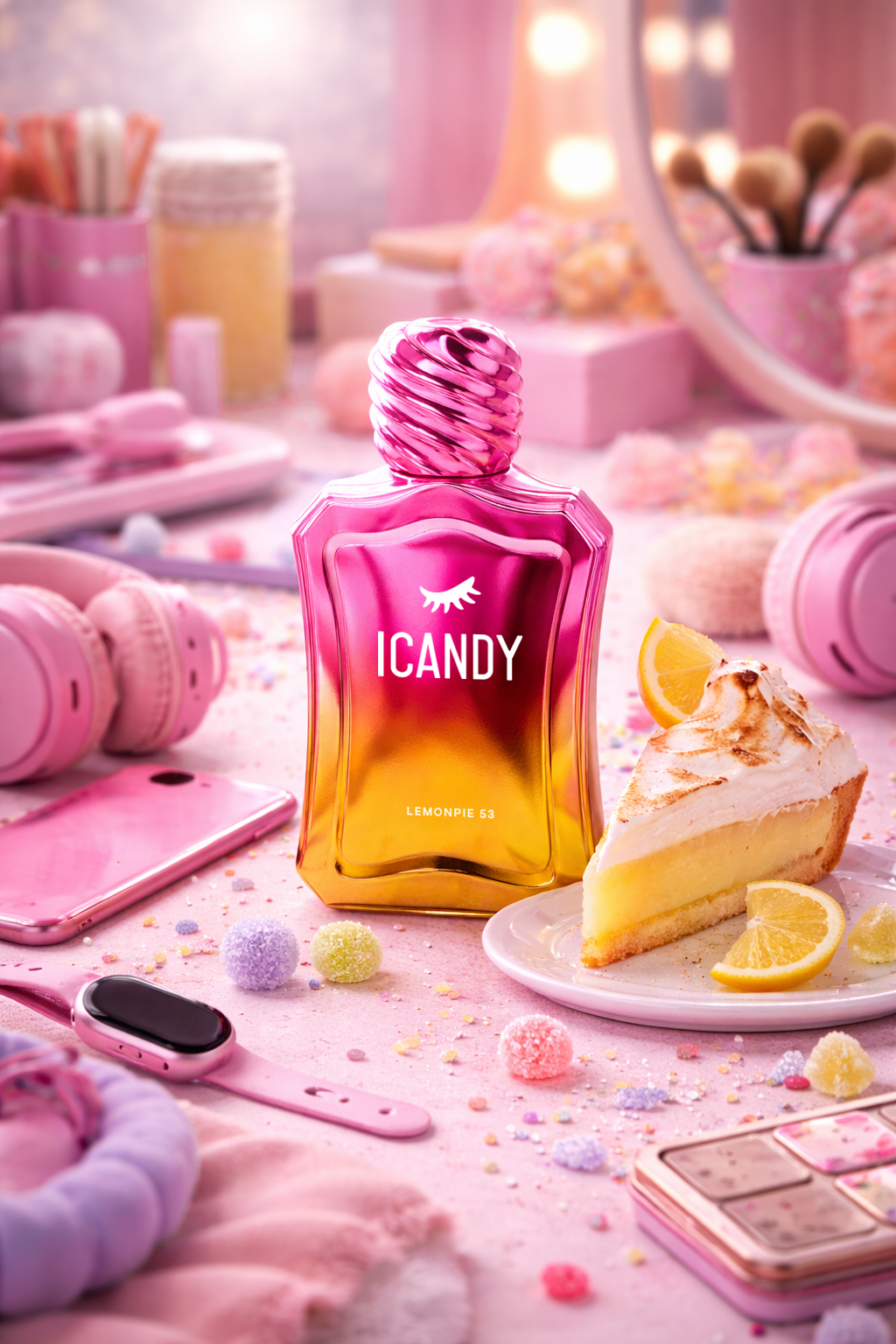 ICANDY Caramelized Lemon Pie 53 Eau de Parfum bottle on a pastel vanity table with make-up and sweets