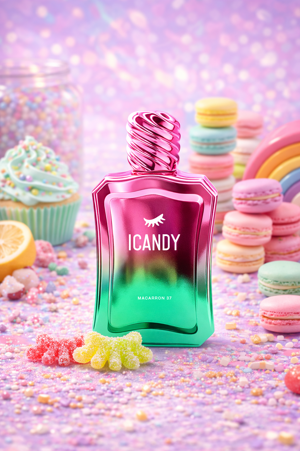 ICANDY Macaron Pistachio 37 Eau de Parfum bottle in a pastel dessert scene with sweets and treats