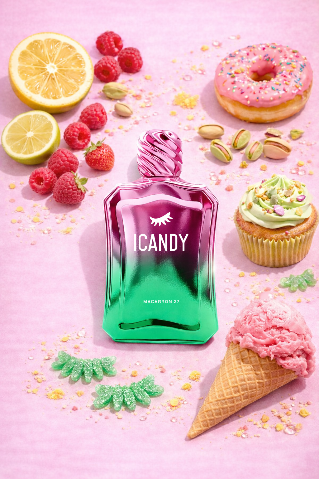 ICANDY Macaron Pistachio 37 Eau de Parfum bottle in a pastel flat lay with ingredients and sweets that inspire the scent