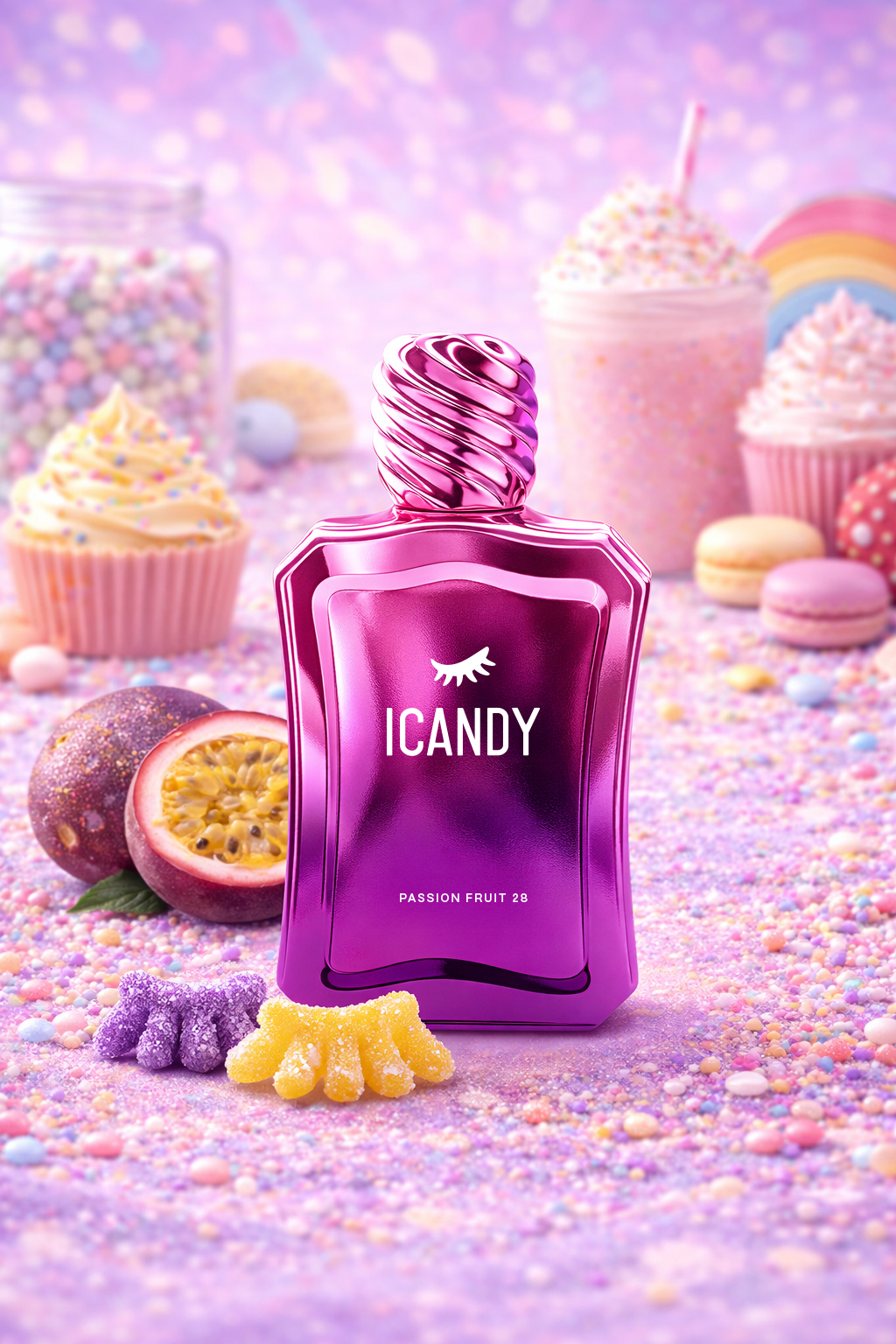 ICANDY Passion Fruit Cheesecake 28 Eau de Parfum bottle in a pastel dessert scene with sweets and treats