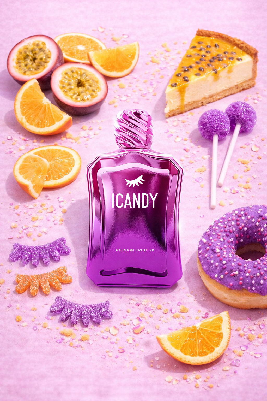 ICANDY Passion Fruit Cheesecake 28 Eau de Parfum bottle in a pastel flat lay with ingredients and sweets that inspire the scent