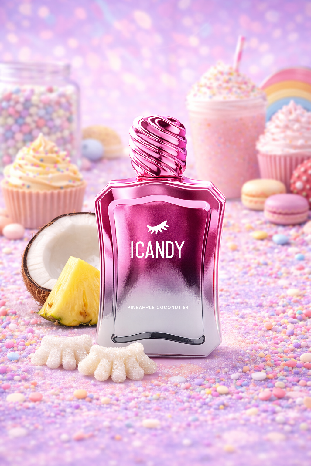 ICANDY Pineapple Coconut Cake 84 Eau de Parfum bottle in a pastel dessert scene with sweets and treats