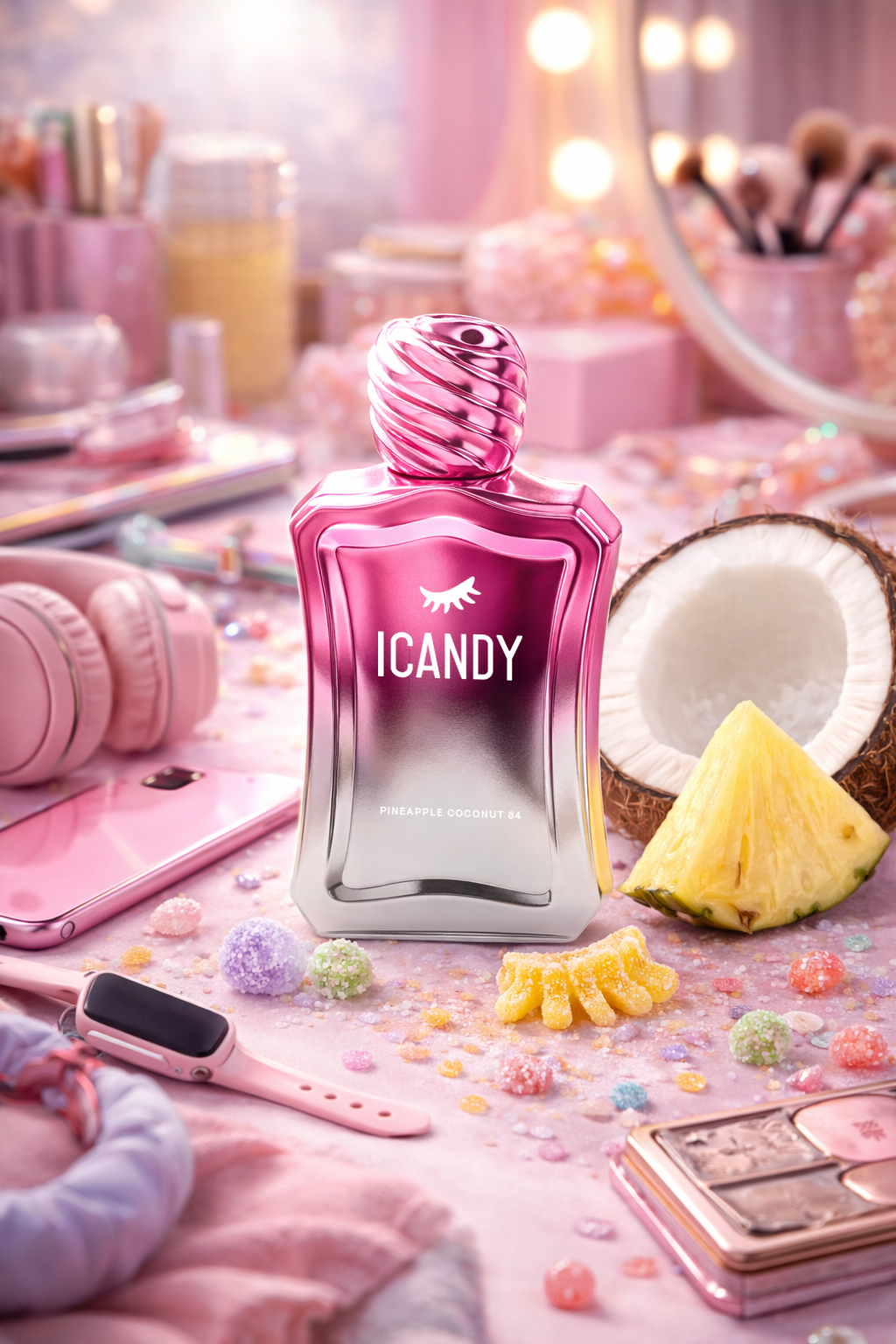 ICANDY Pineapple Coconut Cake 84 Eau de Parfum bottle on a pastel vanity table with make-up and sweets