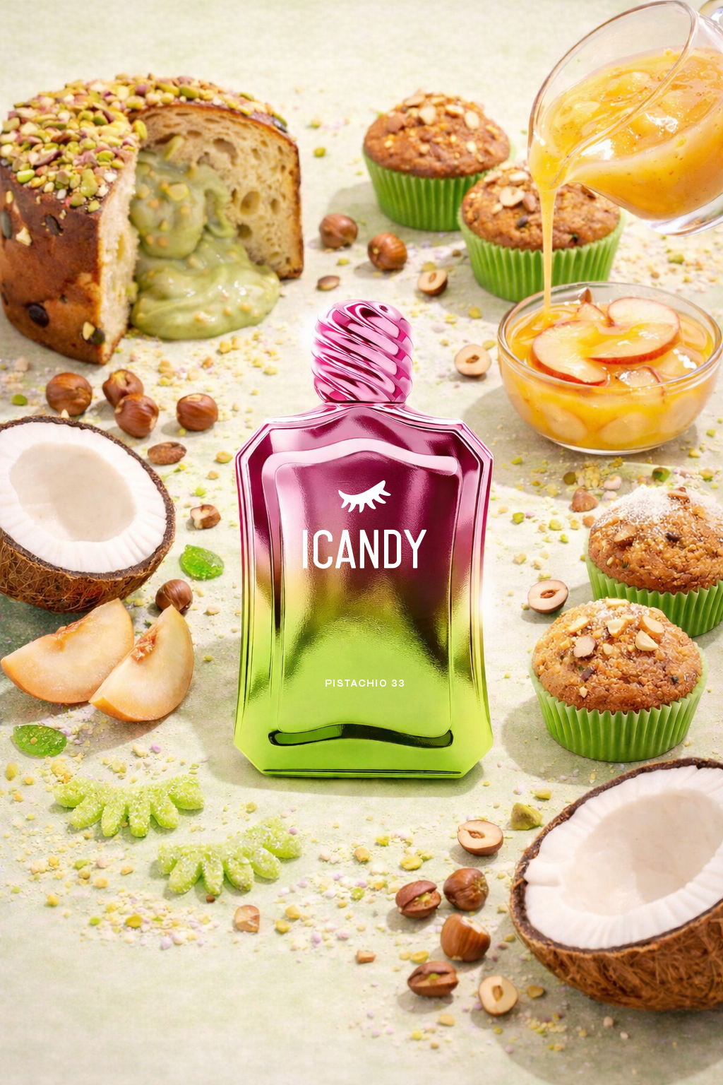 ICANDY Pistachio 33 Eau de Parfum bottle in a pastel flat lay with ingredients and sweets that inspire the scent