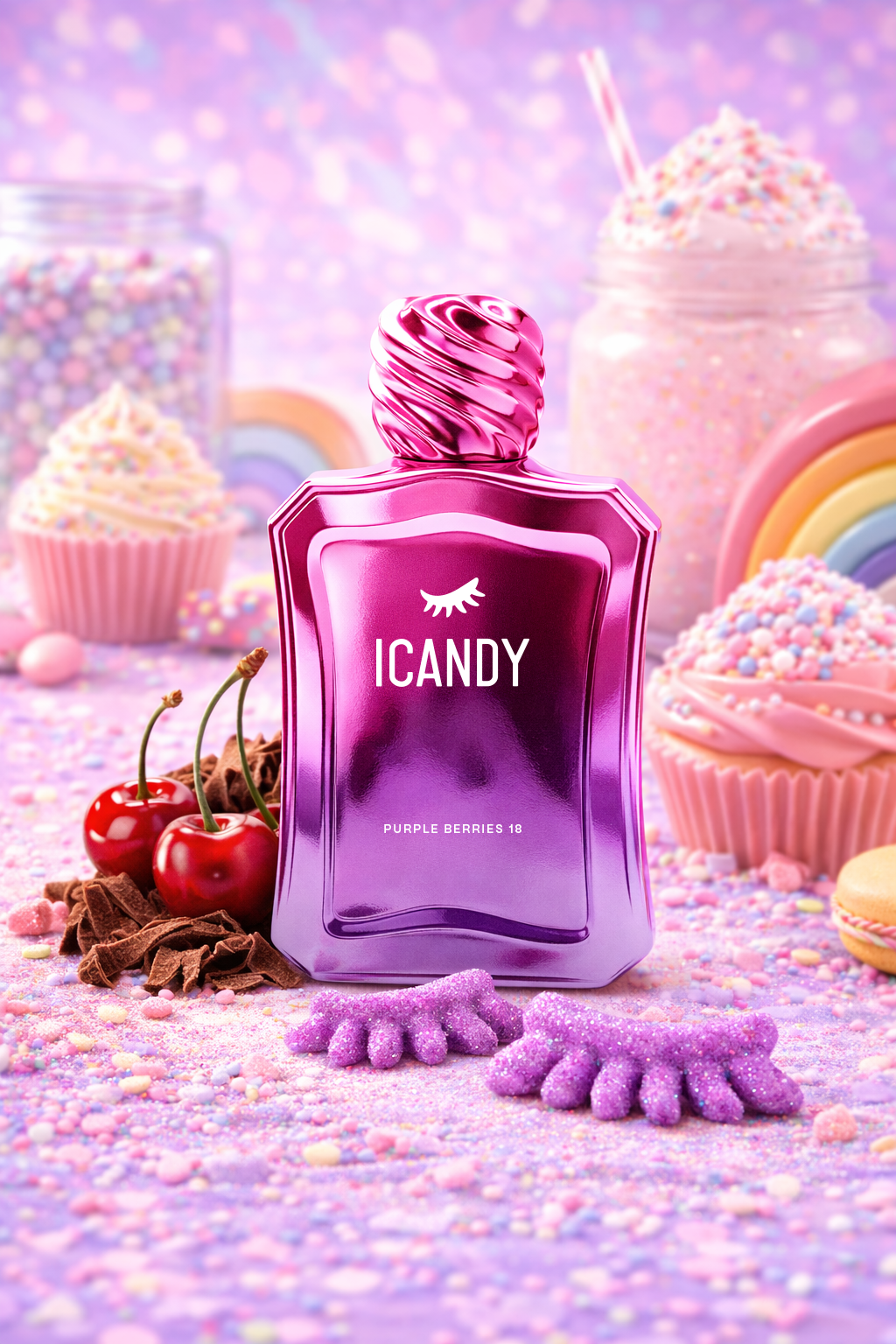 ICANDY Purple Berries 18 Eau de Parfum bottle in a pastel dessert scene with sweets and treats