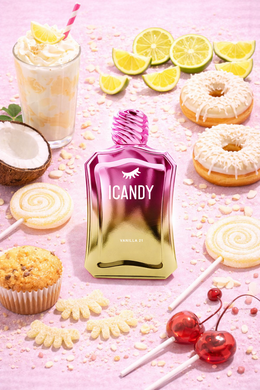 ICANDY Vanilla Milkshake 21 Eau de Parfum bottle in a pastel flat lay with ingredients and sweets that inspire the scent