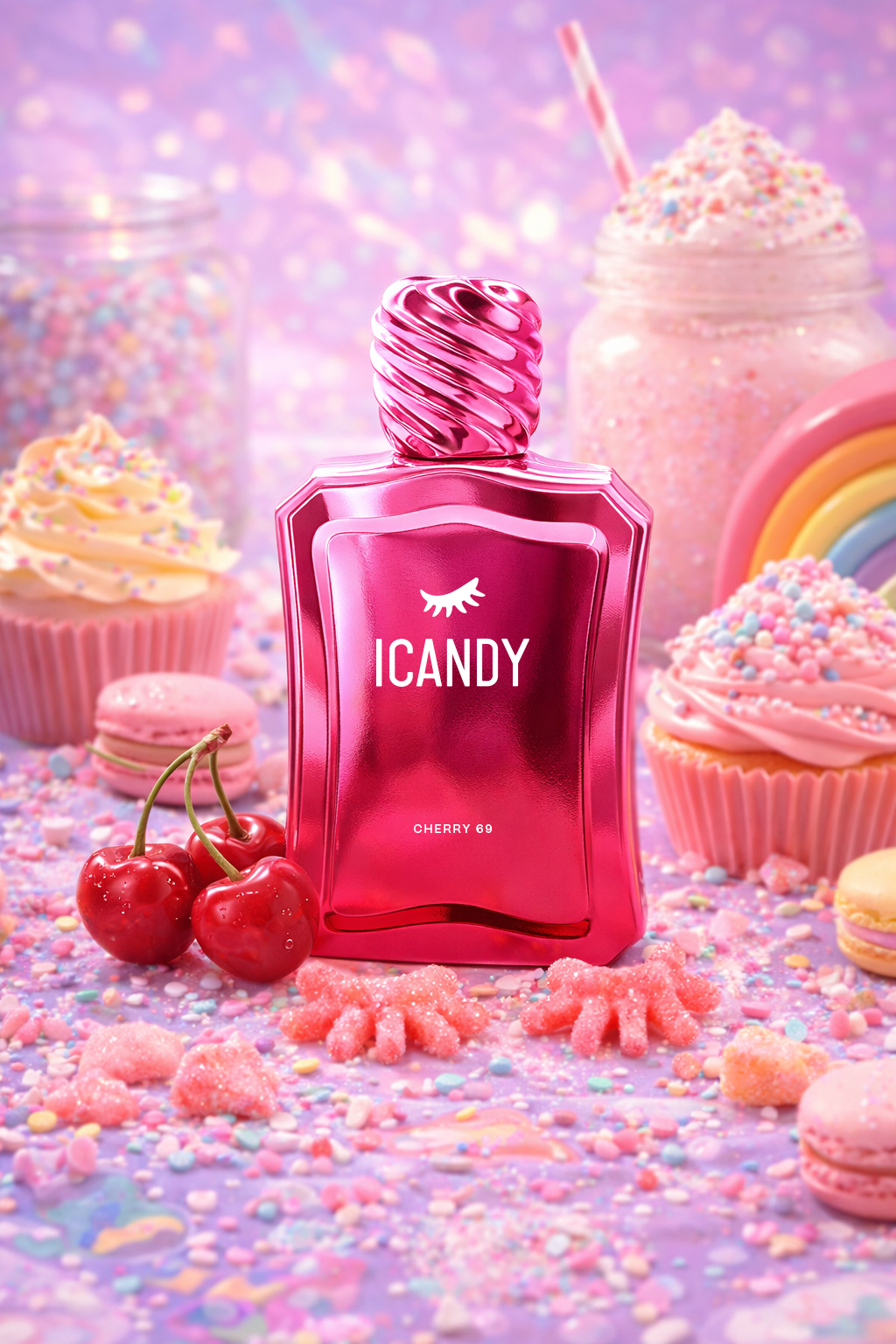 ICANDY Cherry Top Sundae 69 Eau de Parfum bottle in a pastel dessert scene with sweets and treats