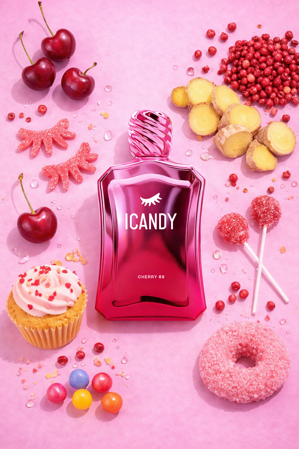 ICANDY Cherry Top Sundae 69 Eau de Parfum bottle in a pastel flat lay with ingredients and sweets that inspire the scent