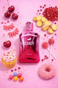 ICANDY Cherry Top Sundae 69 Eau de Parfum bottle in a pastel flat lay with ingredients and sweets that inspire the scent