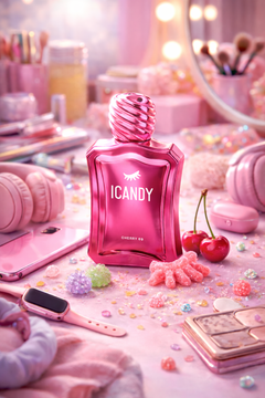 ICANDY Cherry Top Sundae 69 Eau de Parfum bottle on a pastel vanity table with make-up and sweets