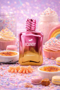 ICANDY Crème Brûlée 11 Eau de Parfum bottle in a pastel dessert scene with sweets and treats