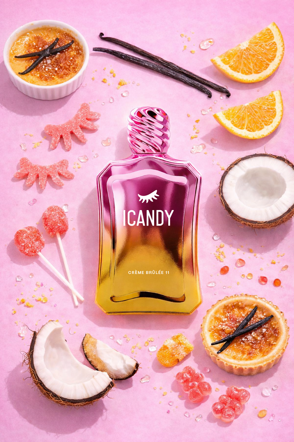 ICANDY Crème Brûlée 11 Eau de Parfum bottle in a pastel flat lay with ingredients and sweets that inspire the scent