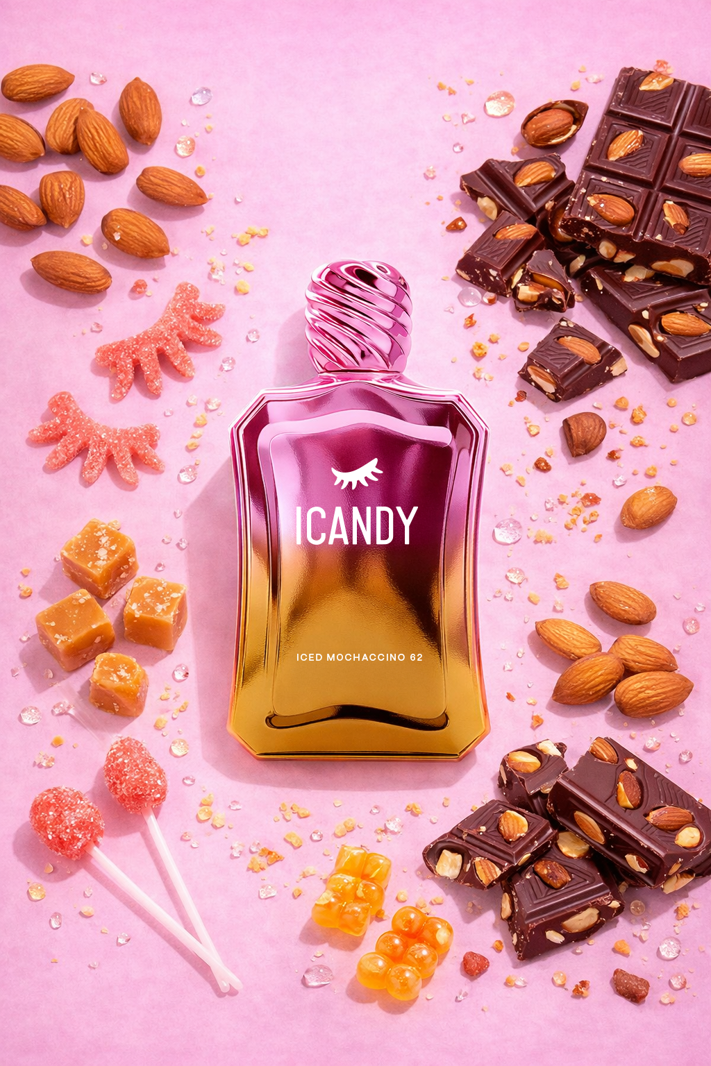 ICANDY Iced Mocaccino 62 Eau de Parfum bottle in a pastel flat lay with ingredients and sweets that inspire the scent