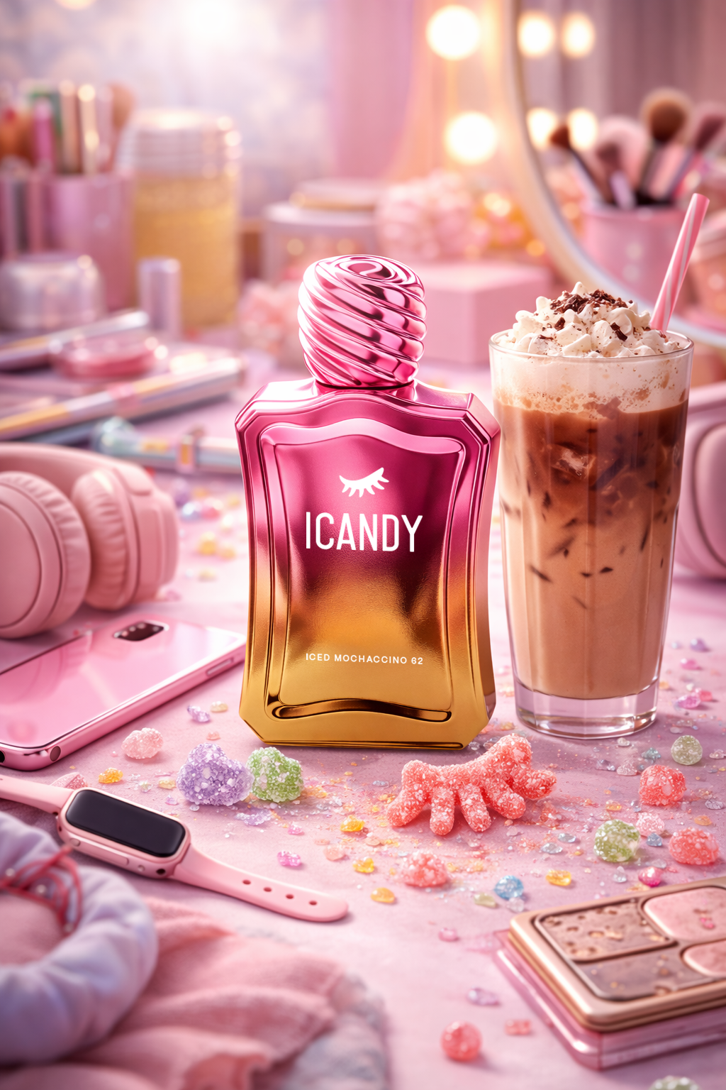 ICANDY Iced Mocaccino 62 Eau de Parfum bottle on a pastel vanity table with make-up and sweets