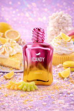 ICANDY Caramelized Lemon Pie 53 Eau de Parfum bottle in a pastel dessert scene with sweets and treats