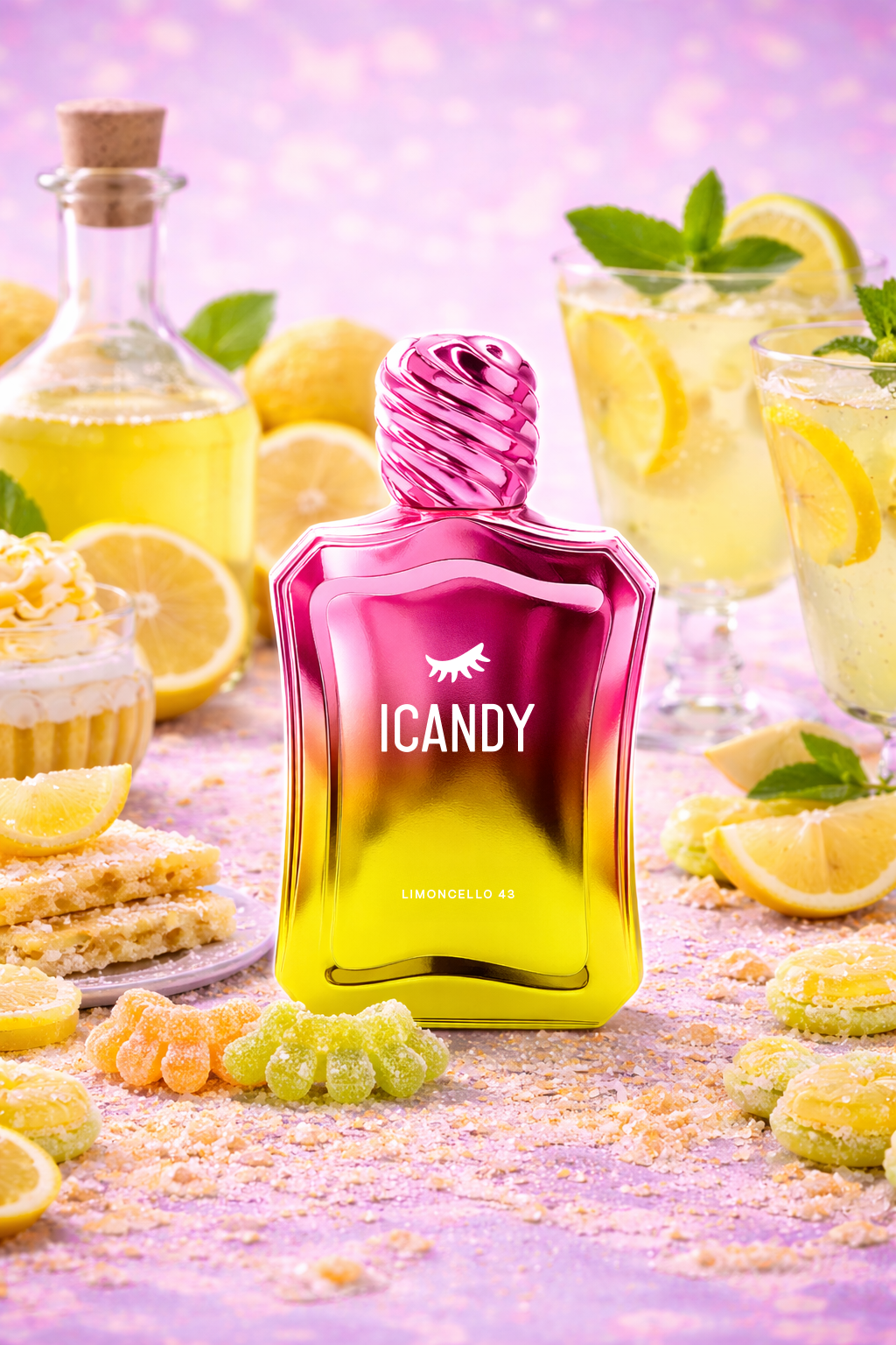 ICANDY Limoncello 43 Eau de Parfum bottle in a pastel dessert scene with sweets and treats