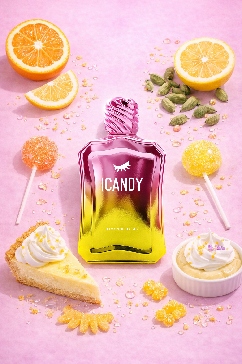 ICANDY Limoncello 43 Eau de Parfum bottle in a pastel flat lay with ingredients and sweets that inspire the scent