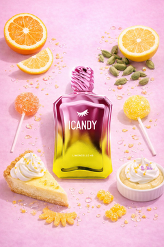 ICANDY Limoncello 43 Eau de Parfum bottle in a pastel flat lay with ingredients and sweets that inspire the scent