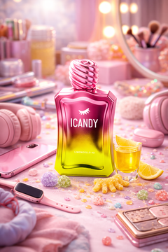 ICANDY Limoncello 43 Eau de Parfum bottle on a pastel vanity table with make-up and sweets