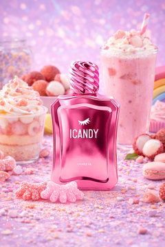 ICANDY Lychee 59 Eau de Parfum bottle in a pastel dessert scene with sweets and treats