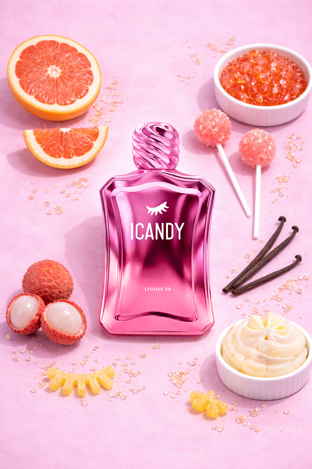 ICANDY Lychee 59 Eau de Parfum bottle in a pastel flat lay with ingredients and sweets that inspire the scent