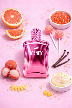 ICANDY Lychee 59 Eau de Parfum bottle in a pastel flat lay with ingredients and sweets that inspire the scent