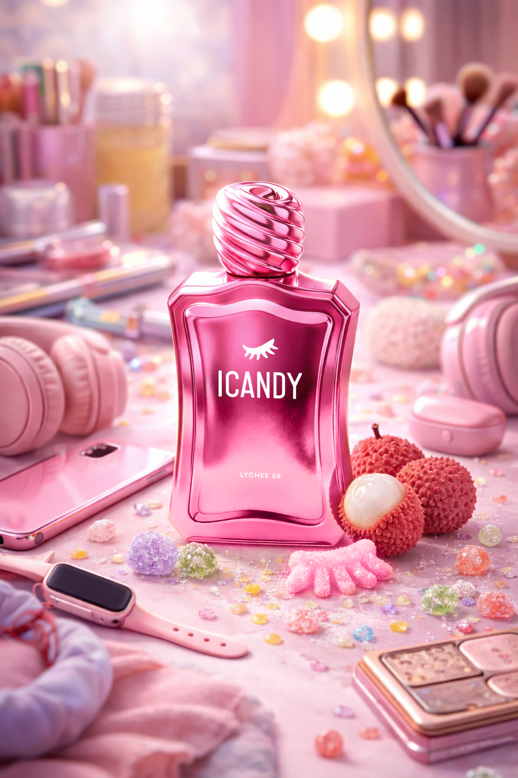 ICANDY Lychee 59 Eau de Parfum bottle on a pastel vanity table with make-up and sweets