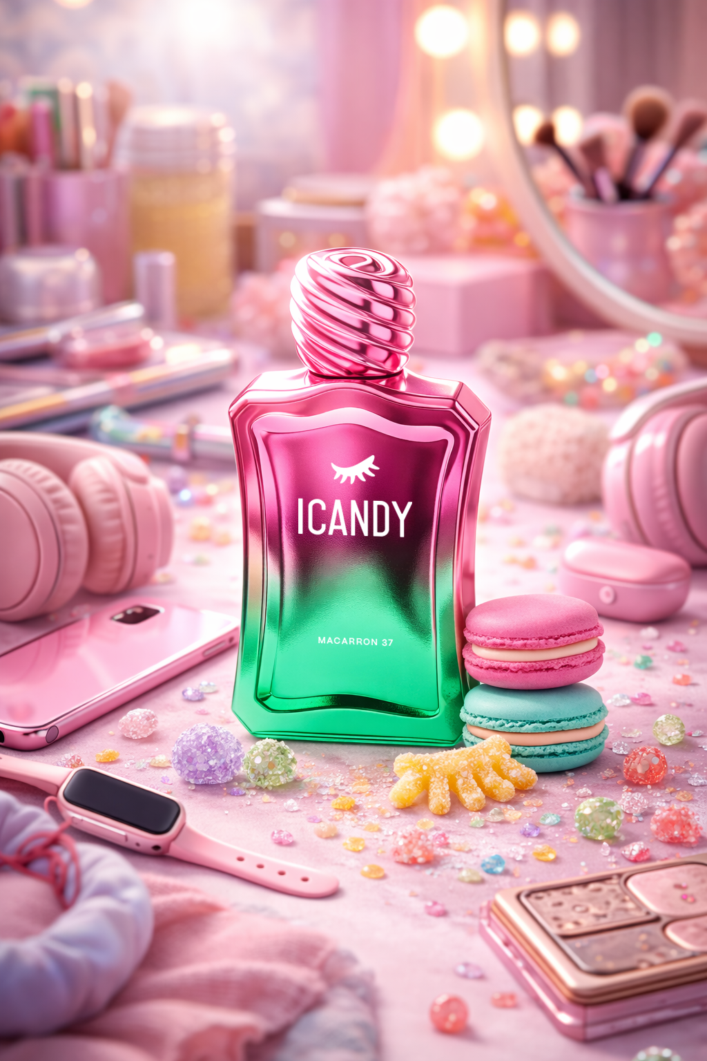 ICANDY Macaron Pistachio 37 Eau de Parfum bottle on a pastel vanity table with make-up and sweets