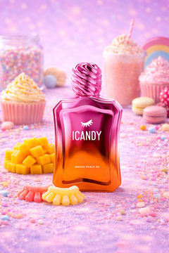 ICANDY Frozen Mango Peach 36 Eau de Parfum bottle in a pastel dessert scene with sweets and treats