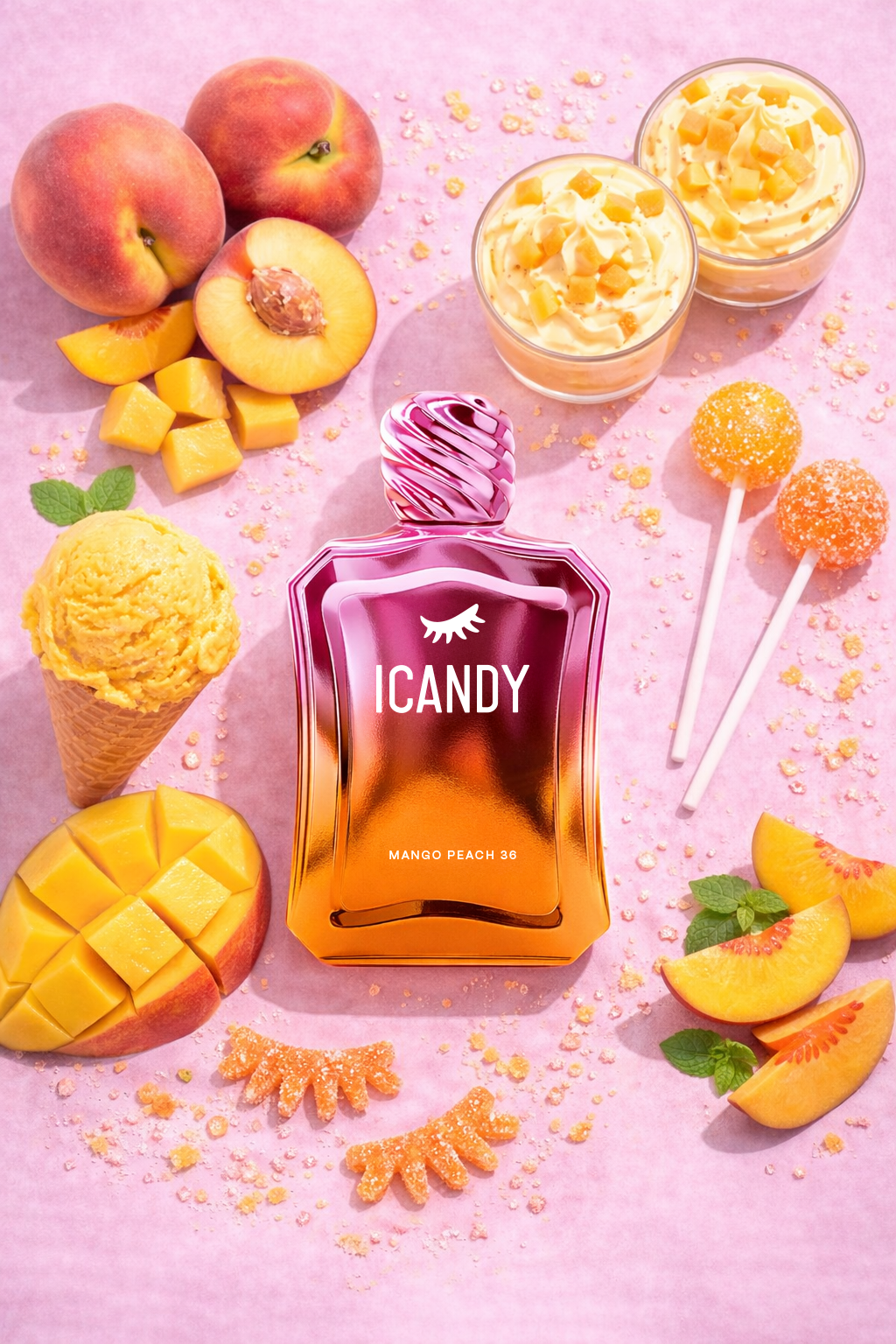 ICANDY Frozen Mango Peach 36 Eau de Parfum bottle in a pastel flat lay with ingredients and sweets that inspire the scent