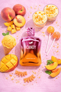 ICANDY Frozen Mango Peach 36 Eau de Parfum bottle in a pastel flat lay with ingredients and sweets that inspire the scent