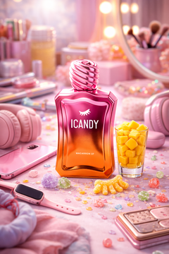 ICANDY Frozen Mango Peach 36 Eau de Parfum bottle on a pastel vanity table with make-up and sweets