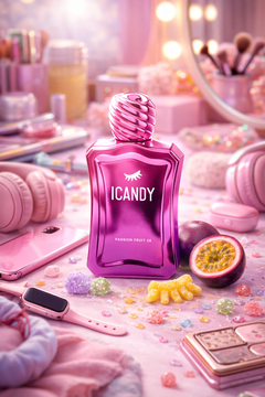 ICANDY Passion Fruit Cheesecake 28 Eau de Parfum bottle on a pastel vanity table with make-up and sweets