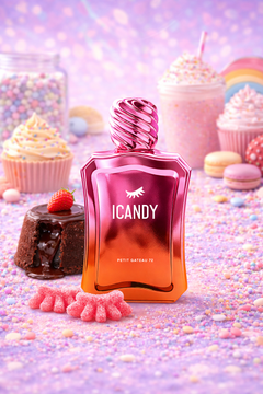 ICANDY Chocolate Petit Gâteau 72 Eau de Parfum bottle in a pastel dessert scene with sweets and treats