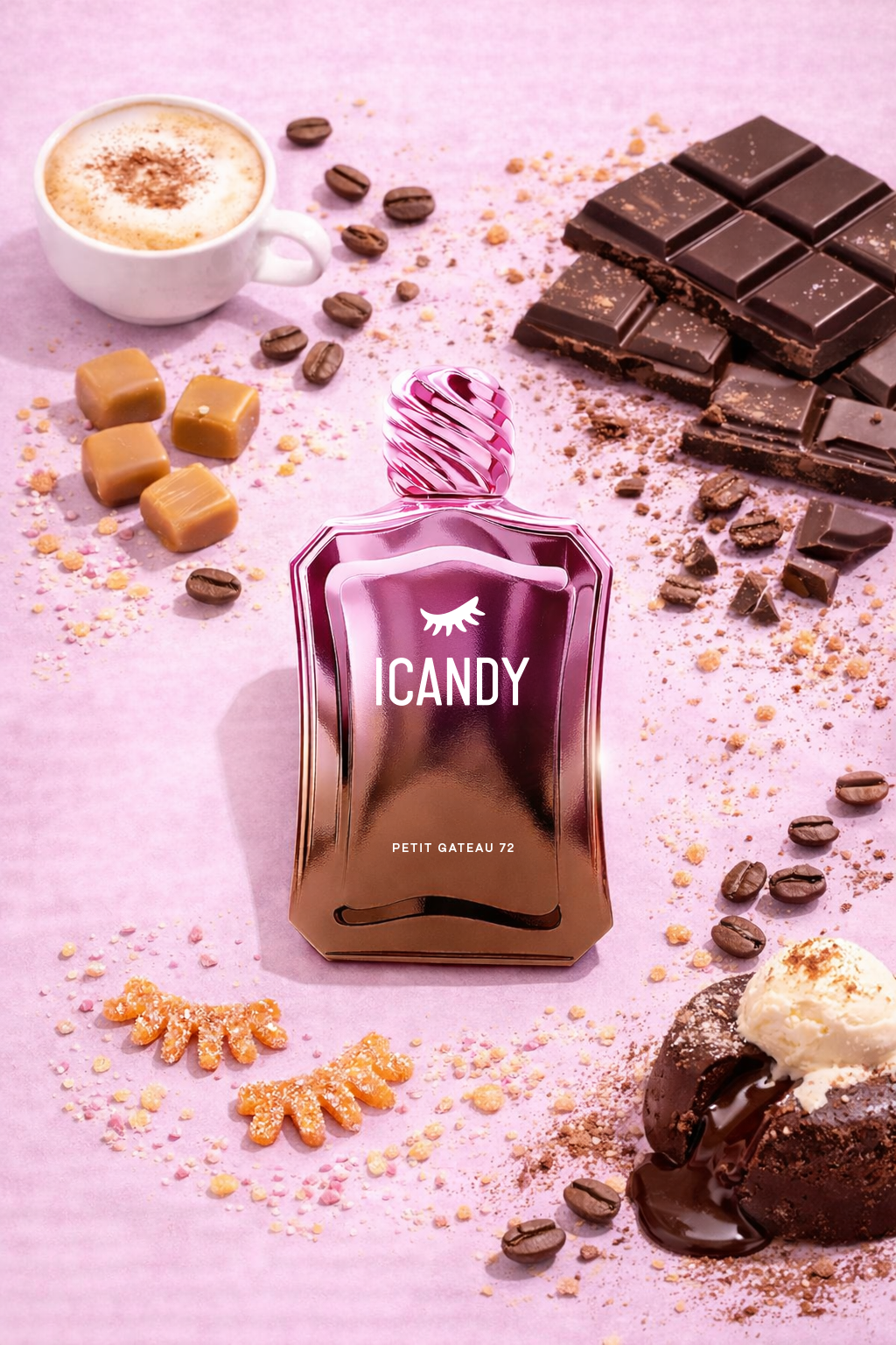 ICANDY Chocolate Petit Gâteau 72 Eau de Parfum bottle in a pastel flat lay with ingredients and sweets that inspire the scent