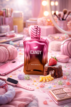 ICANDY Chocolate Petit Gâteau 72 Eau de Parfum bottle on a pastel vanity table with make-up and sweets