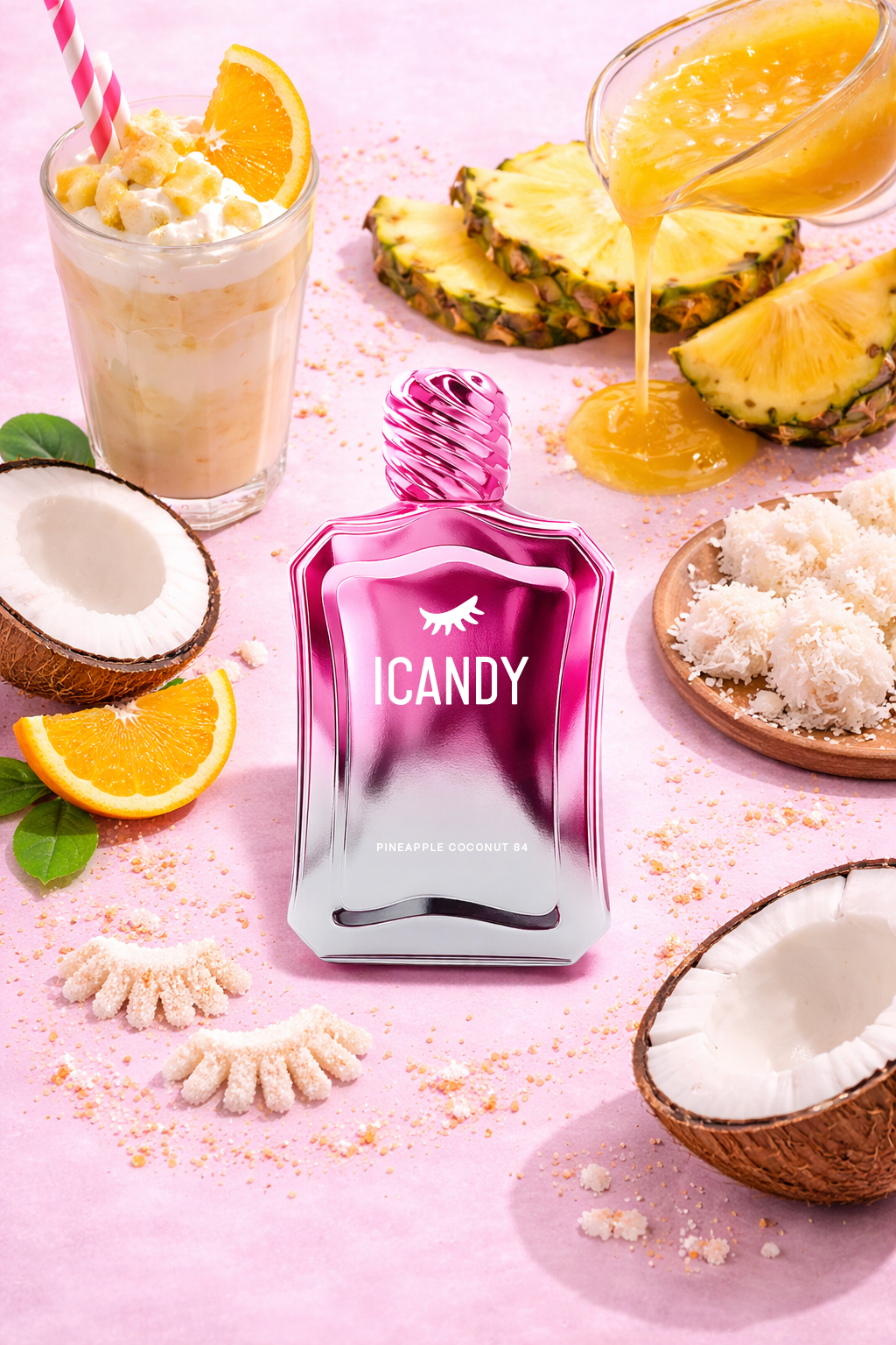 ICANDY Pineapple Coconut Cake 84 Eau de Parfum bottle in a pastel flat lay with ingredients and sweets that inspire the scent