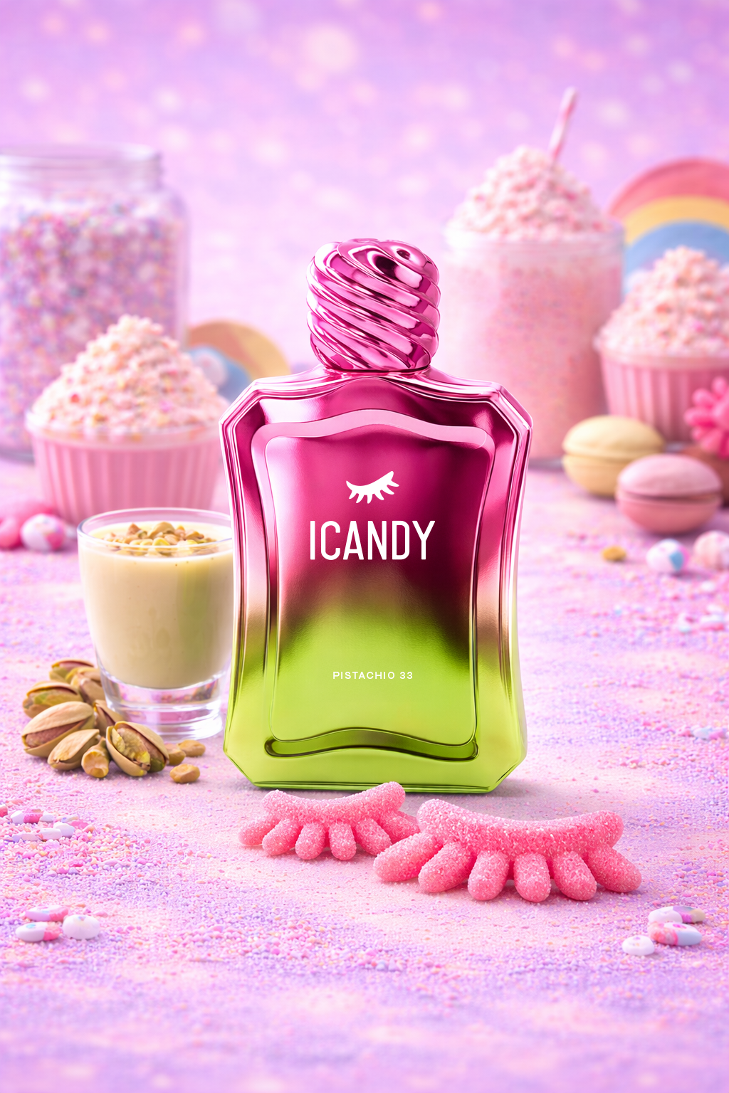 ICANDY Pistachio 33 Eau de Parfum bottle in a pastel dessert scene with sweets and treats