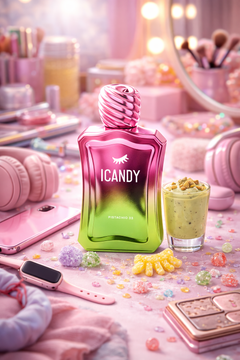 ICANDY Pistachio 33 Eau de Parfum bottle on a pastel vanity table with make-up and sweets