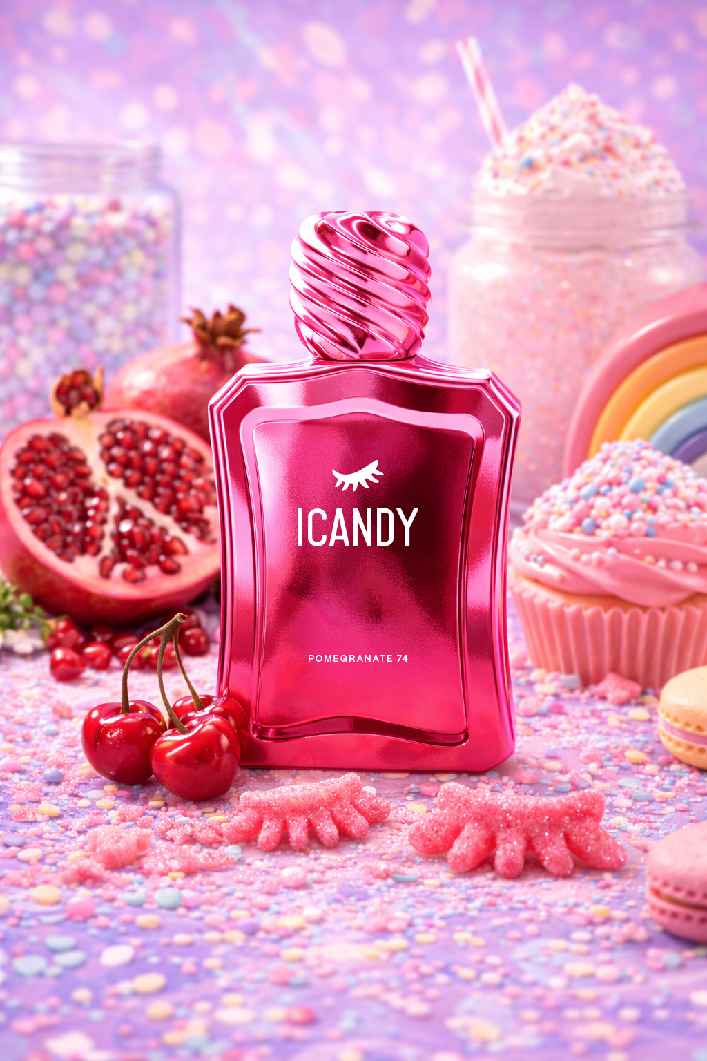 ICANDY Pomegranate 74 Eau de Parfum bottle in a pastel dessert scene with sweets and treats
