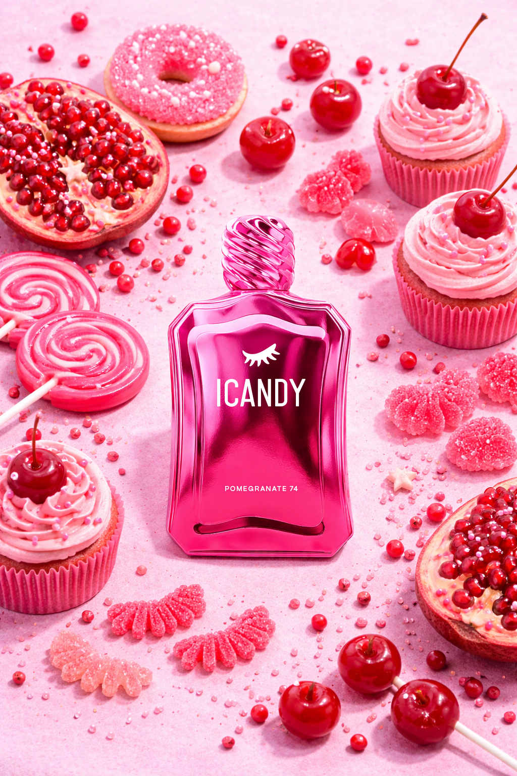 ICANDY Pomegranate 74 Eau de Parfum bottle in a pastel flat lay with ingredients and sweets that inspire the scent