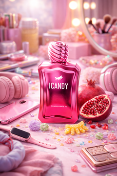 ICANDY Pomegranate 74 Eau de Parfum bottle on a pastel vanity table with make-up and sweets