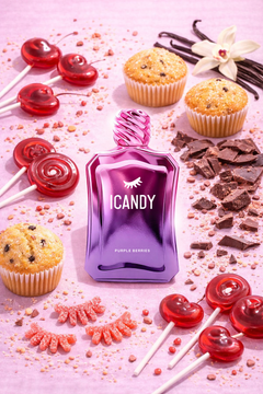 ICANDY Purple Berries 18 Eau de Parfum bottle in a pastel flat lay with ingredients and sweets that inspire the scent