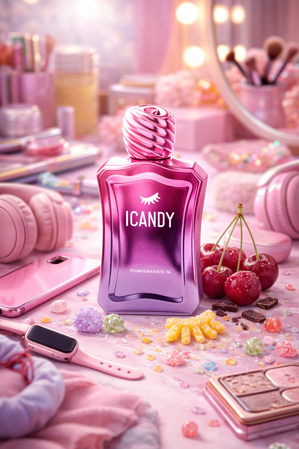 ICANDY Purple Berries 18 Eau de Parfum bottle on a pastel vanity table with make-up and sweets