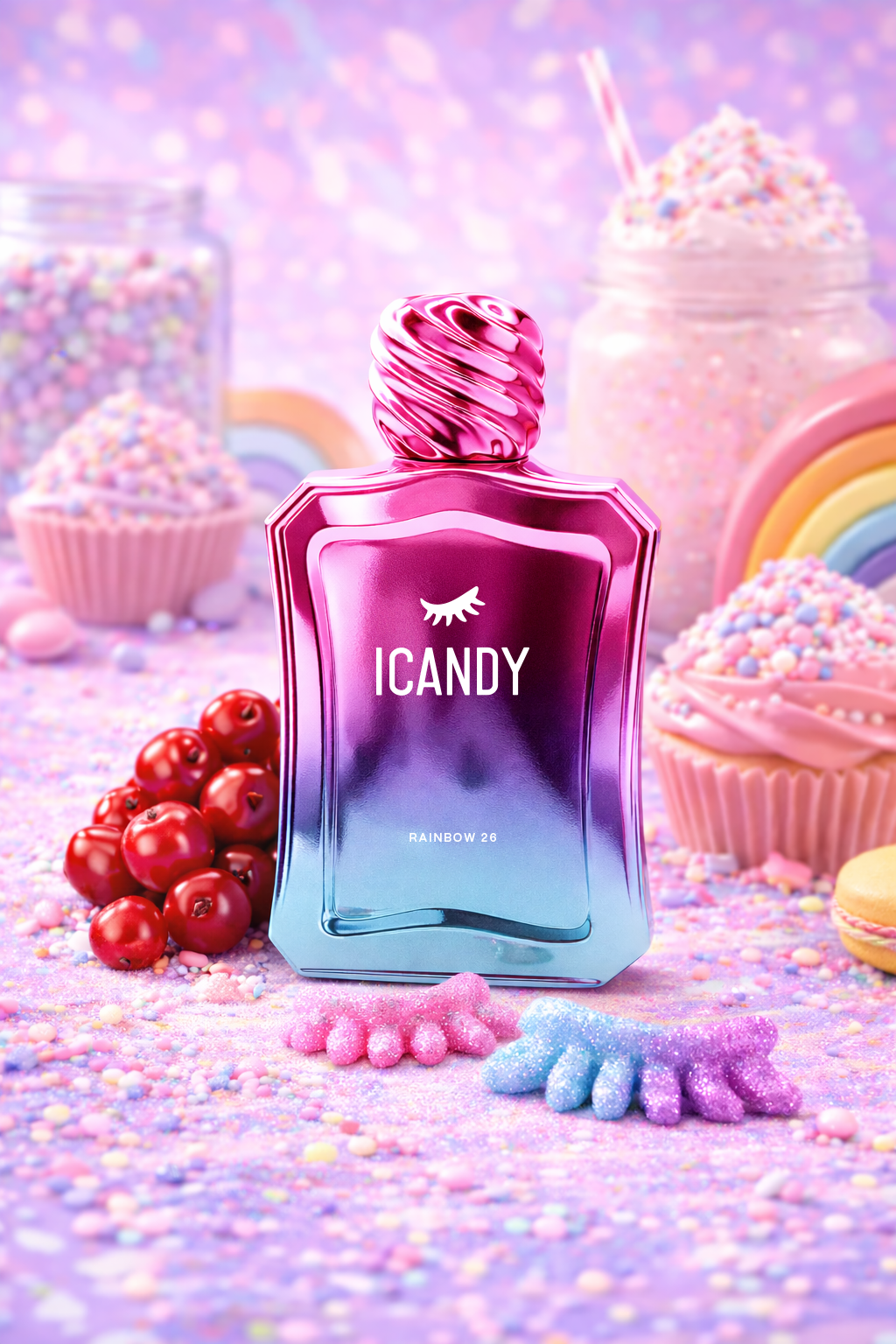ICANDY Rainbow 26 Eau de Parfum bottle in a pastel dessert scene with sweets and treats