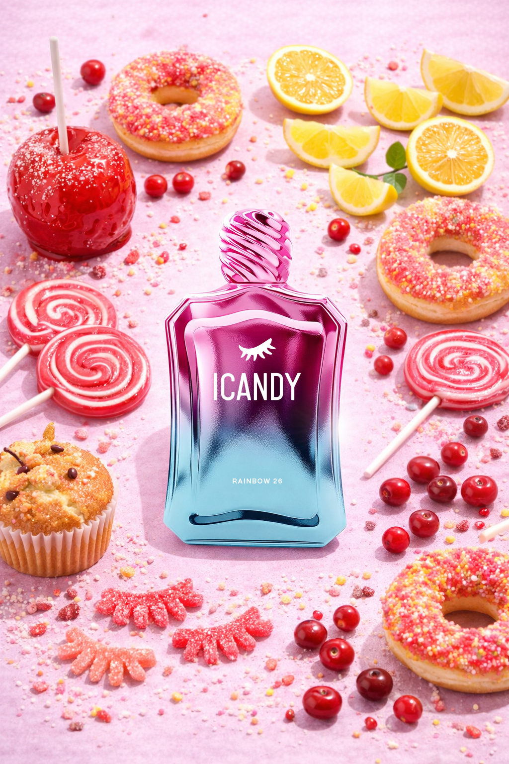 ICANDY Rainbow 26 Eau de Parfum bottle in a pastel flat lay with ingredients and sweets that inspire the scent